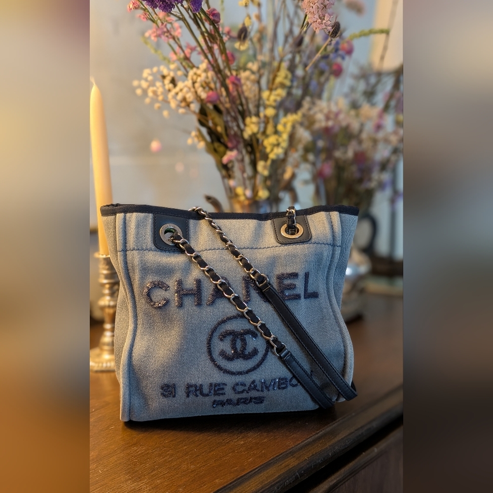 Chanel Blue‎ Denim Sequin Deauville Tote Bag - Picture 3 of 16